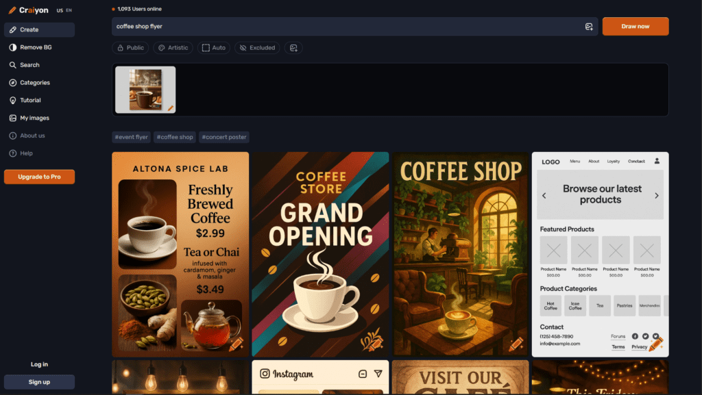 Craiyon free AI generated coffee shop flyer USA business example 2026