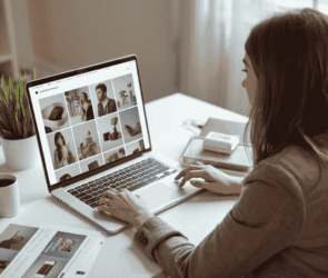 USA small business owner using the best free AI image generator in 2026 on a laptop
