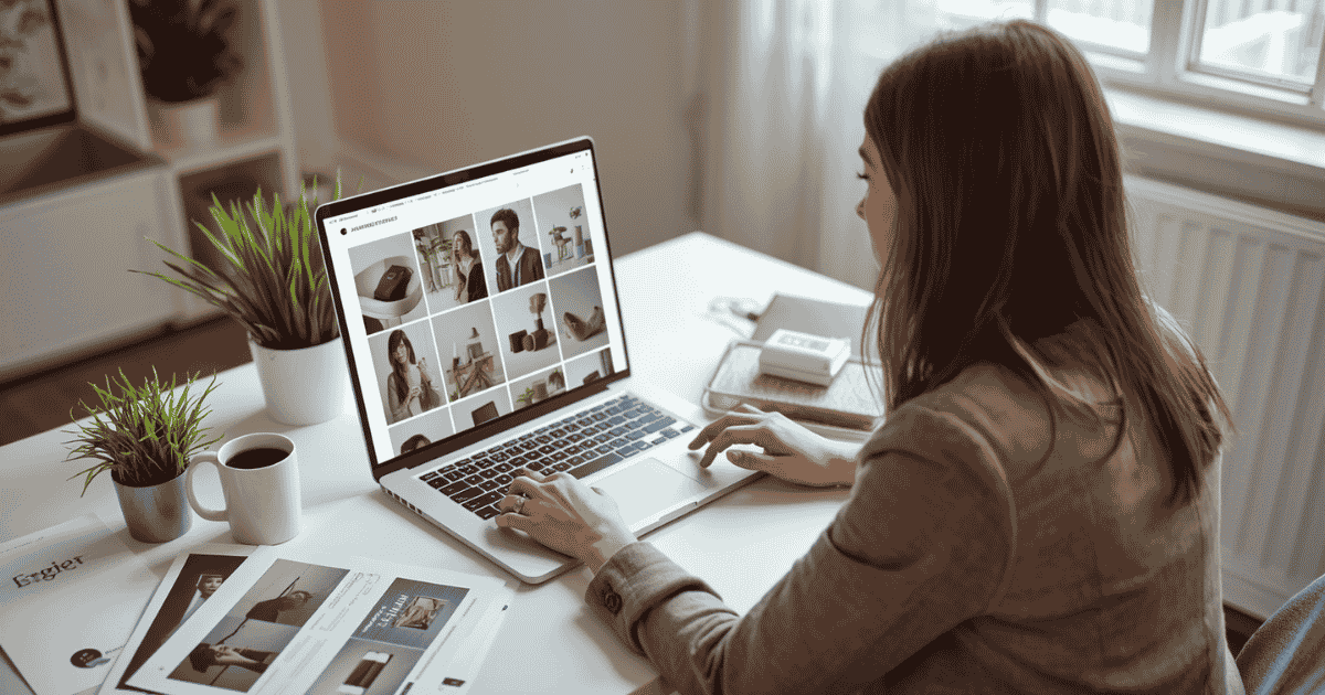 USA small business owner using the best free AI image generator in 2026 on a laptop