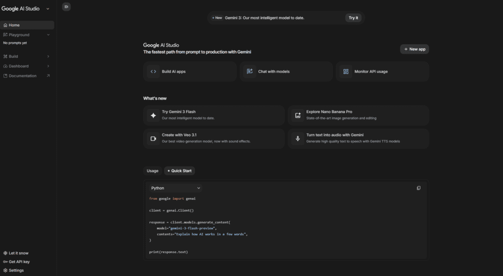 google ai studio free dashboard USA 2026
