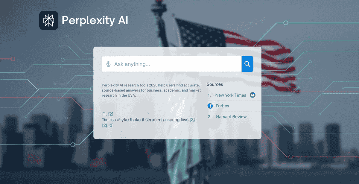 Perplexity AI research tool interface and logo for USA businesses 2026