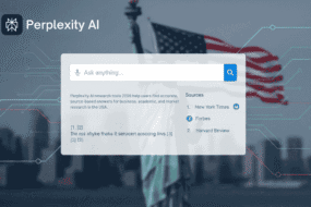 Perplexity AI research tool interface and logo for USA businesses 2026