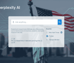 Perplexity AI research tool interface and logo for USA businesses 2026
