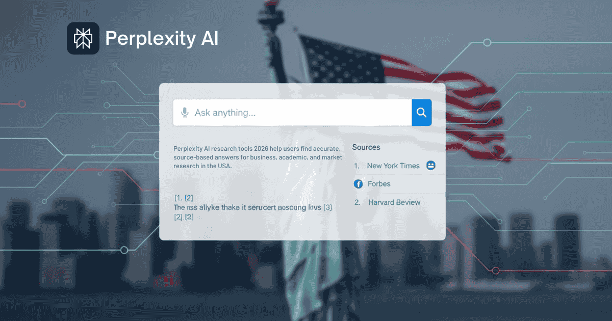 Perplexity AI research tool interface and logo for USA businesses 2026