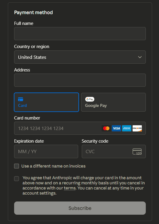 claude ai billing payment method usa card screenshot