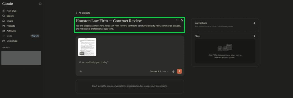 Claude Pro Project setup with system prompt field and uploaded legal documents