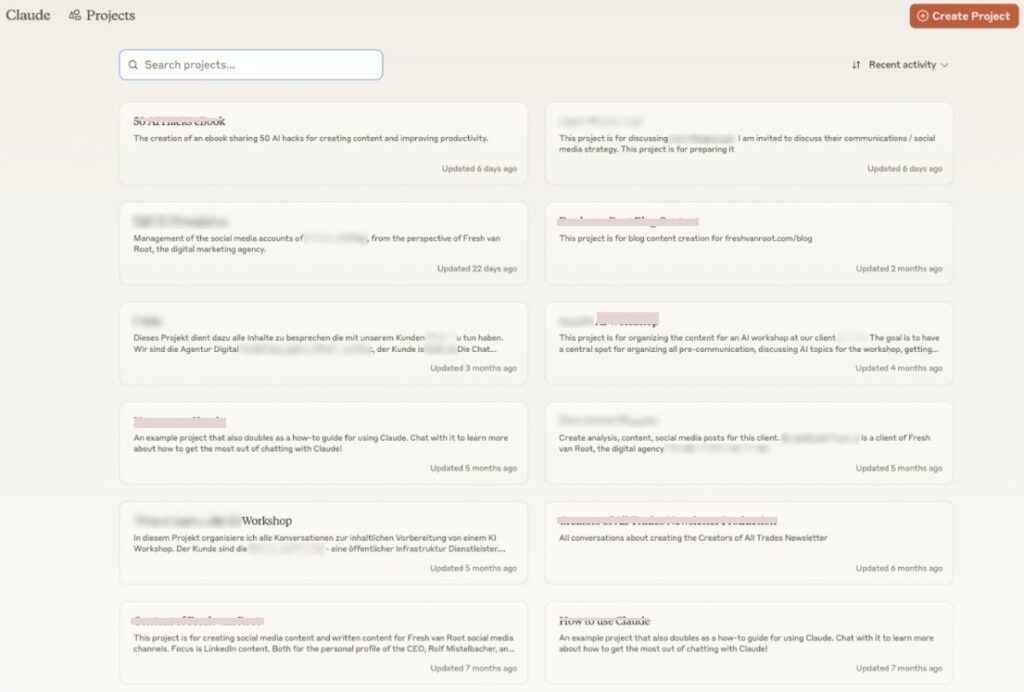 Claude Projects workspace showing multiple client folders and uploaded reference documents