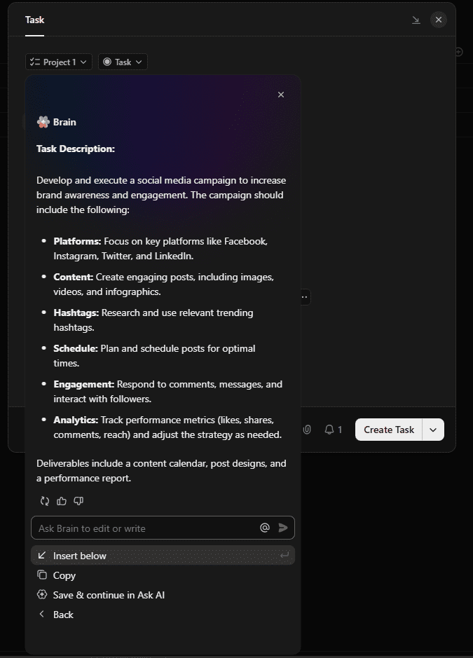 ClickUp AI generating a project update summary for a US-based remote team