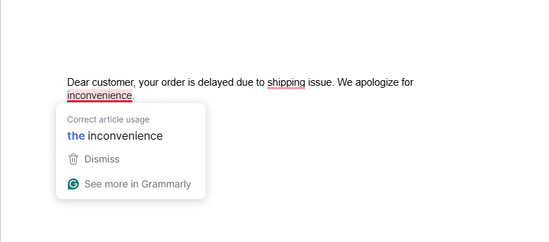 Grammarly Free editor highlighting grammar and clarity improvements in business email writing