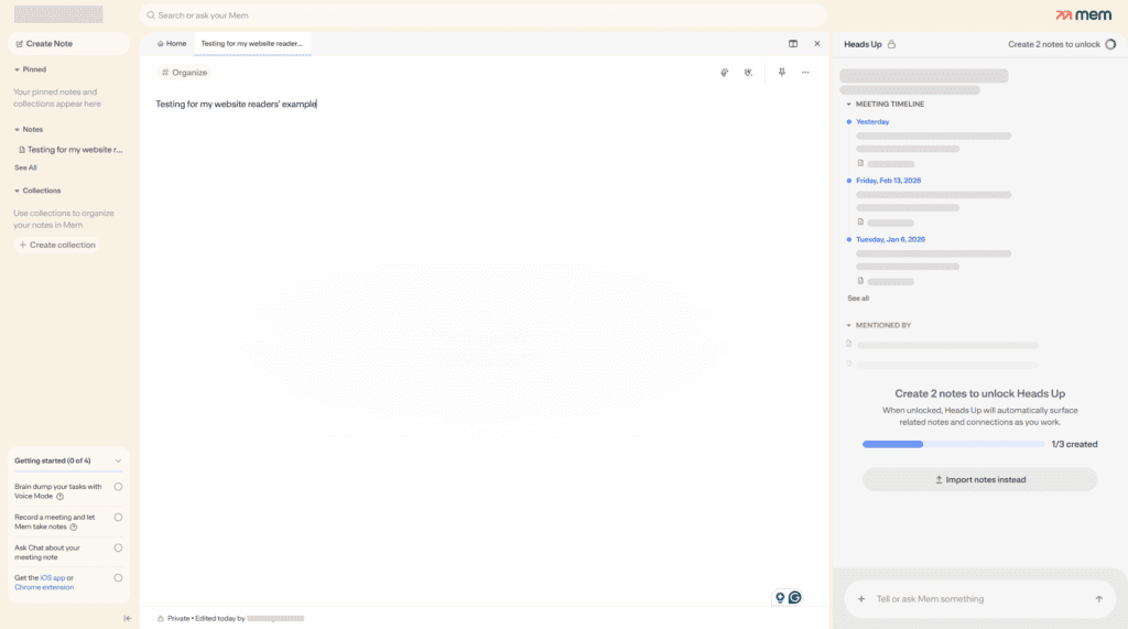 Mem.ai note-taking dashboard storing business ideas and meeting notes for a US entrepreneur
