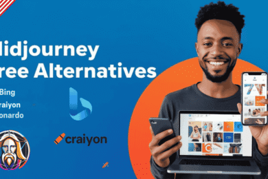 USA business owner using midjourney free alternatives on phone Bing Craiyon 2026