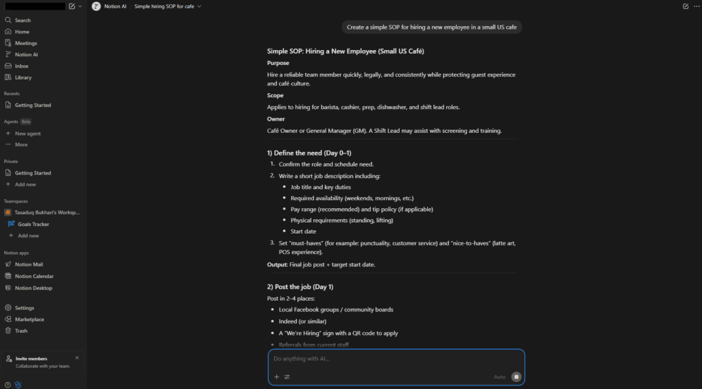 Notion AI dashboard showing workspace and AI writing features for USA small businesses