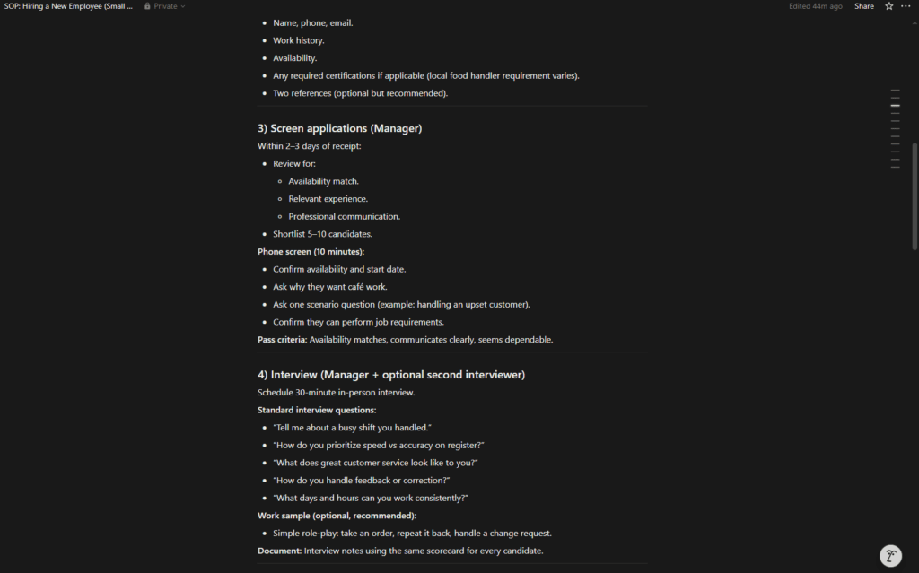 Notion AI generating a standard operating procedure document for a US small business team