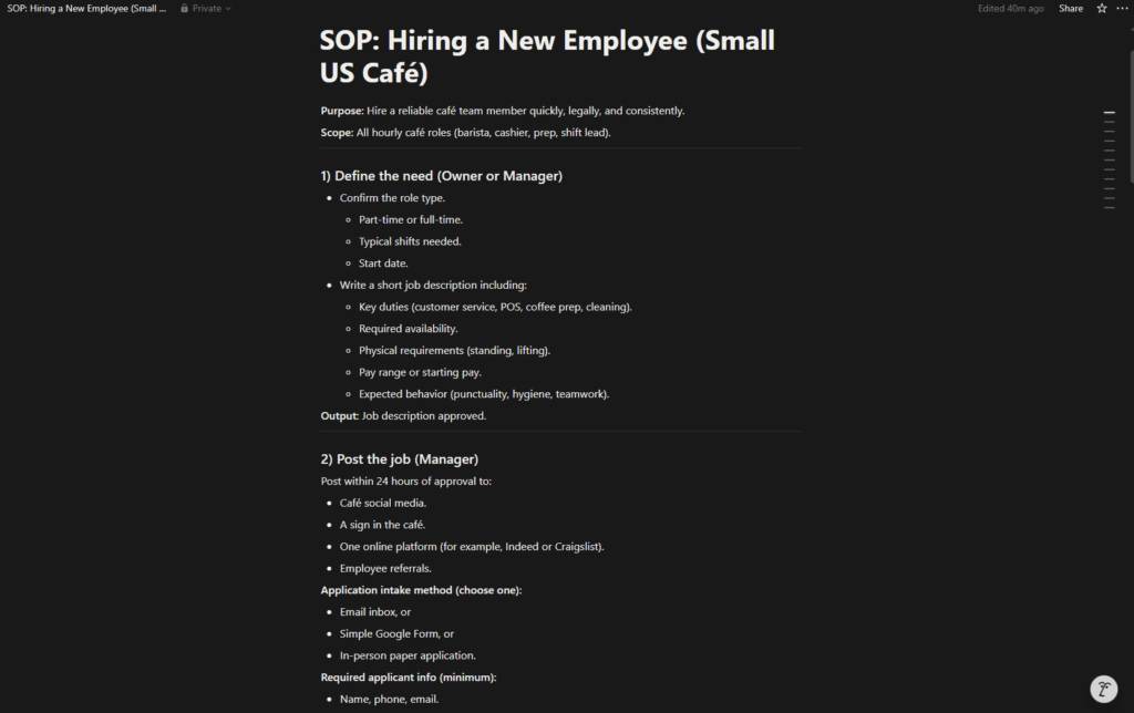 Notion AI generating a standard operating procedure document for a US small business team