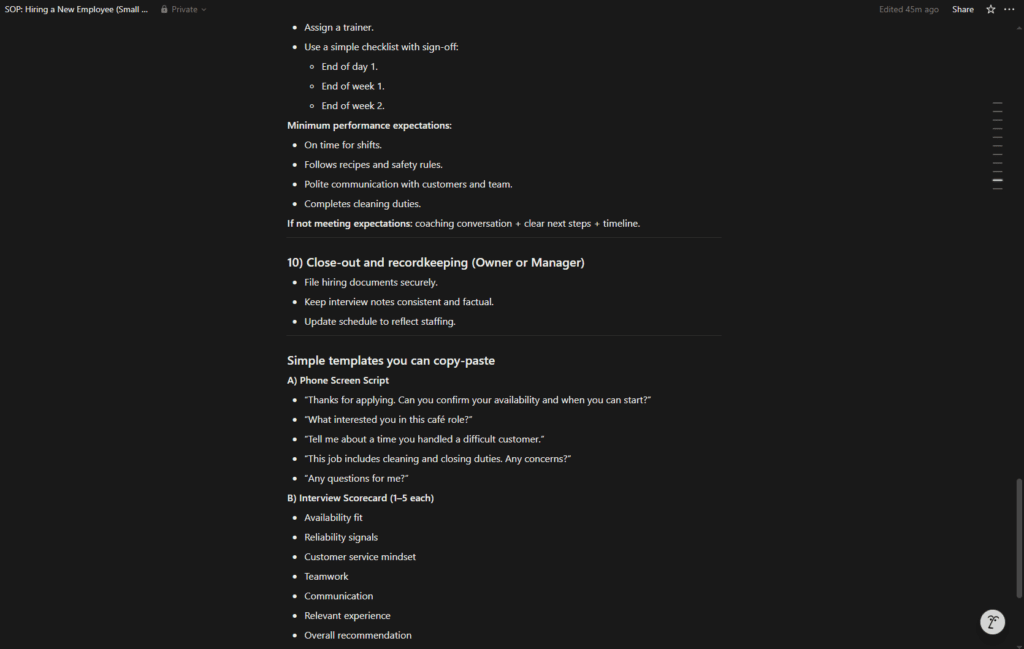 Notion AI generating a standard operating procedure document for a US small business team