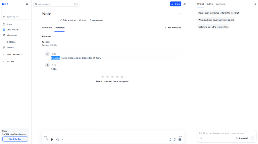 Otter.ai dashboard displaying meeting transcript and speaker identification for a US business call