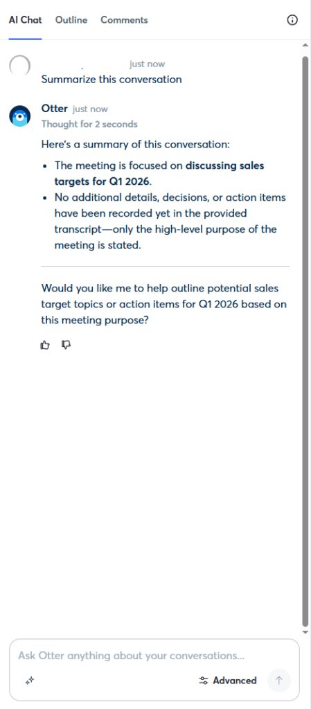 Otter.ai AI-generated meeting summary with action items for a USA small business
