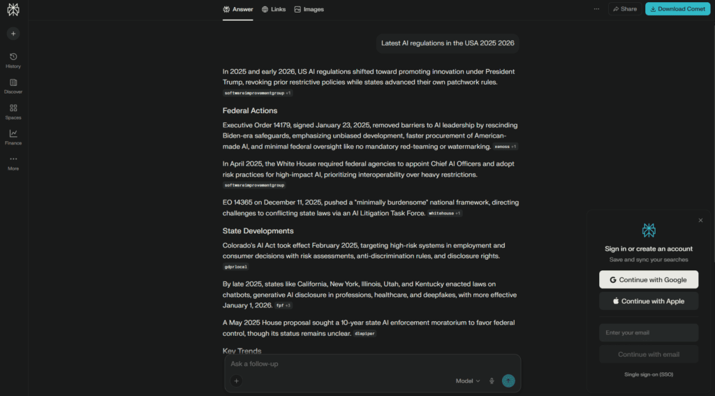 perplexity ai real time research usa regulations