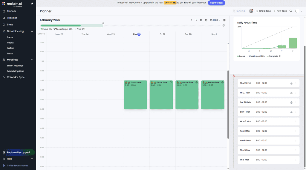 Reclaim.ai calendar showing protected focus time for a US solopreneur
