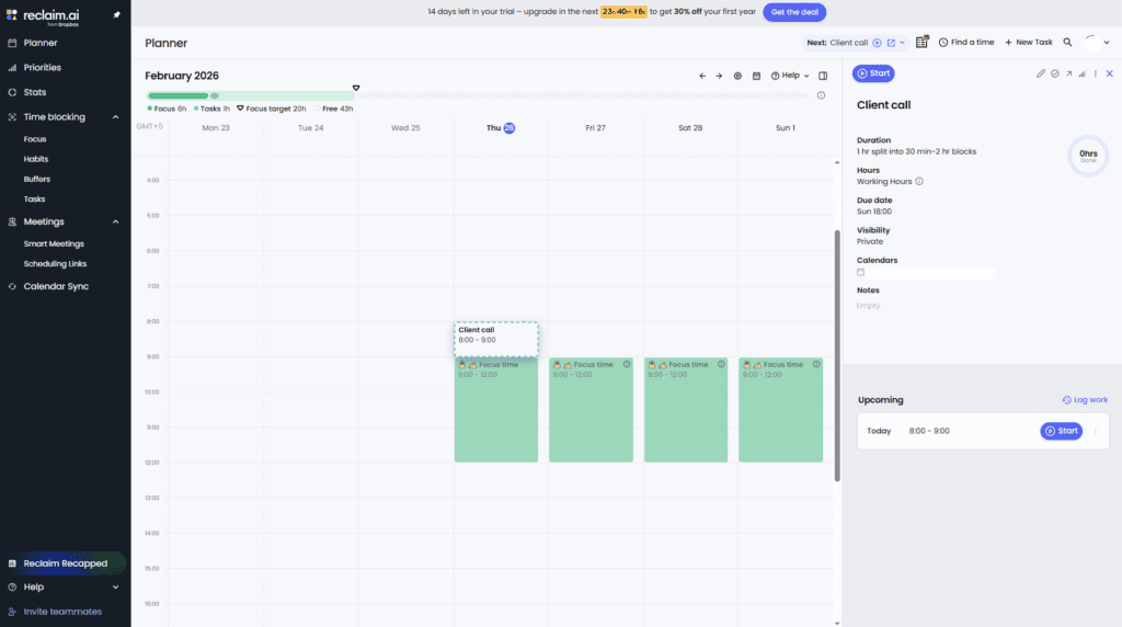  Reclaim.ai intelligently blocking time for habits and work tasks in a business calendar