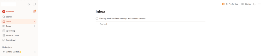 Todoist AI task list showing daily productivity planning for a US small business owner