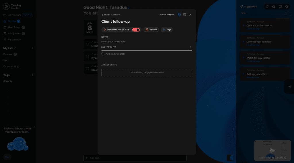 Any.do AI auto-scheduling reminders for client follow-ups