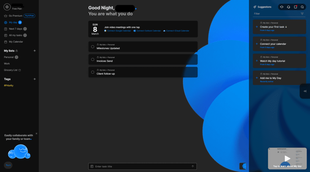 Any.do simple AI task dashboard for daily planning