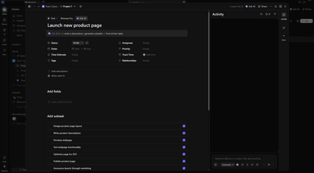 ClickUp AI generating detailed task instructions for product launch