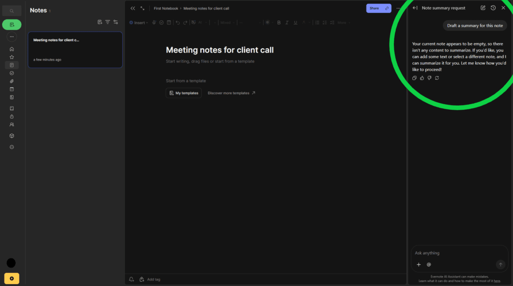 Evernote AI smart note summarization feature