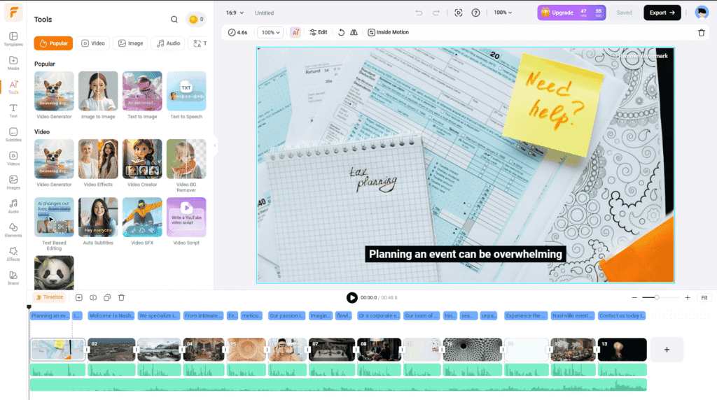 AI generated video in FlexClip with auto selected scenes text overlays and timeline editor