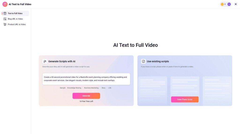 FlexClip AI text to video generator showing prompt input style selection and generate button