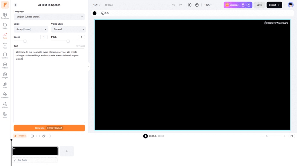 FlexClip AI voice generator with text input and US English voice selection