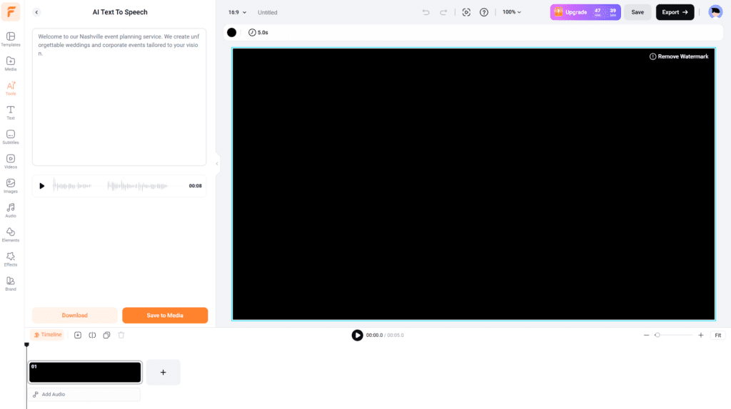 Generated AI voice waveform preview in FlexClip text to speech tool