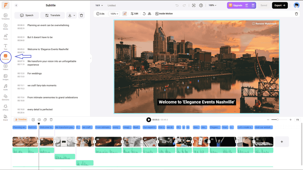 FlexClip auto subtitle generator showing transcript and timeline captions