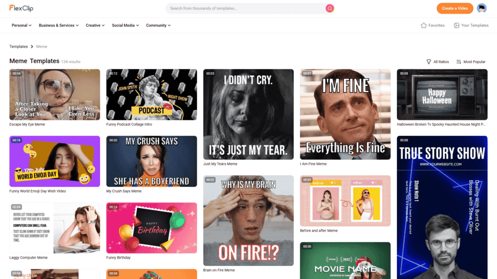 FlexClip meme generator with template library and meme selection options
