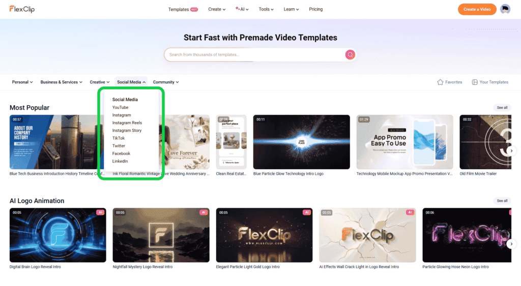 FlexClip social media templates dashboard with multiple content categories