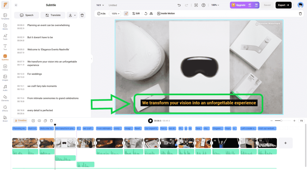 Video with AI generated subtitles displayed using FlexClip editor