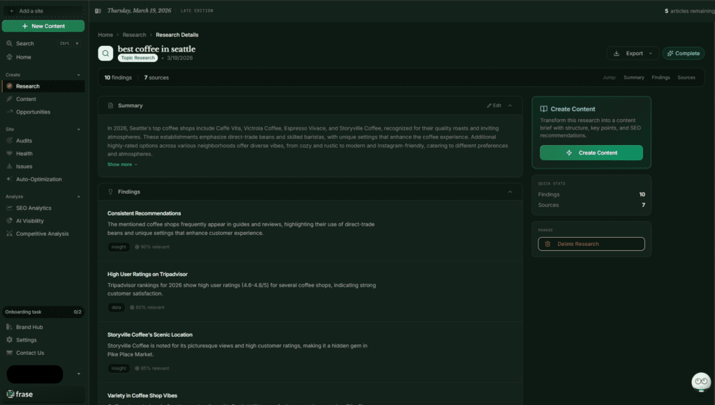 frase ai content brief and writer screen 2026