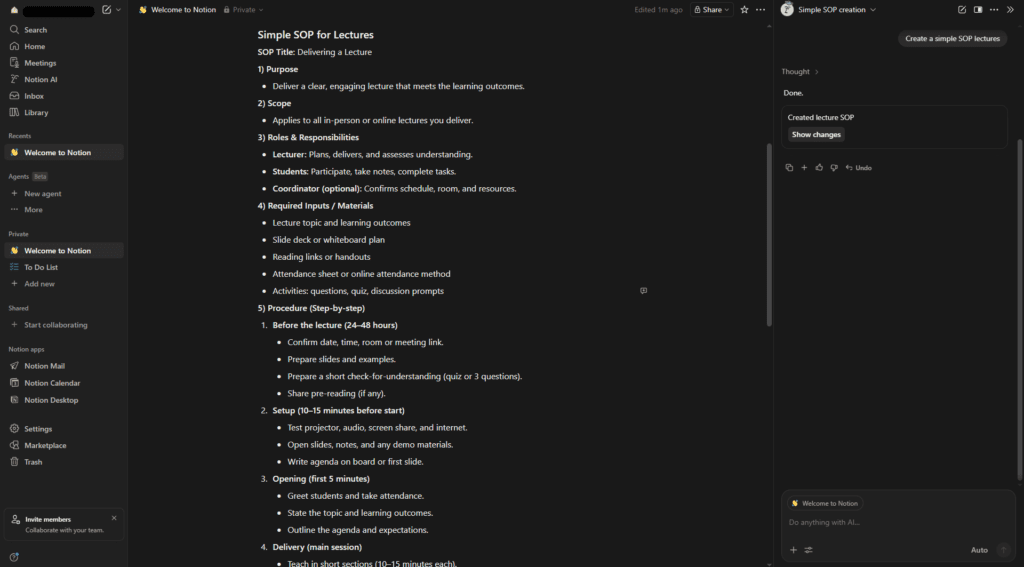 Notion AI dashboard interface for small business note management