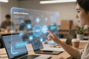 A founder in a USA office using the notion ai free features guide Q&A holographic interface to search for client data 2026.