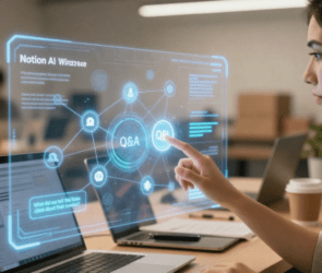 A founder in a USA office using the notion ai free features guide Q&A holographic interface to search for client data 2026.