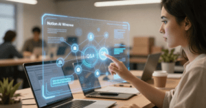 A founder in a USA office using the notion ai free features guide Q&A holographic interface to search for client data 2026.