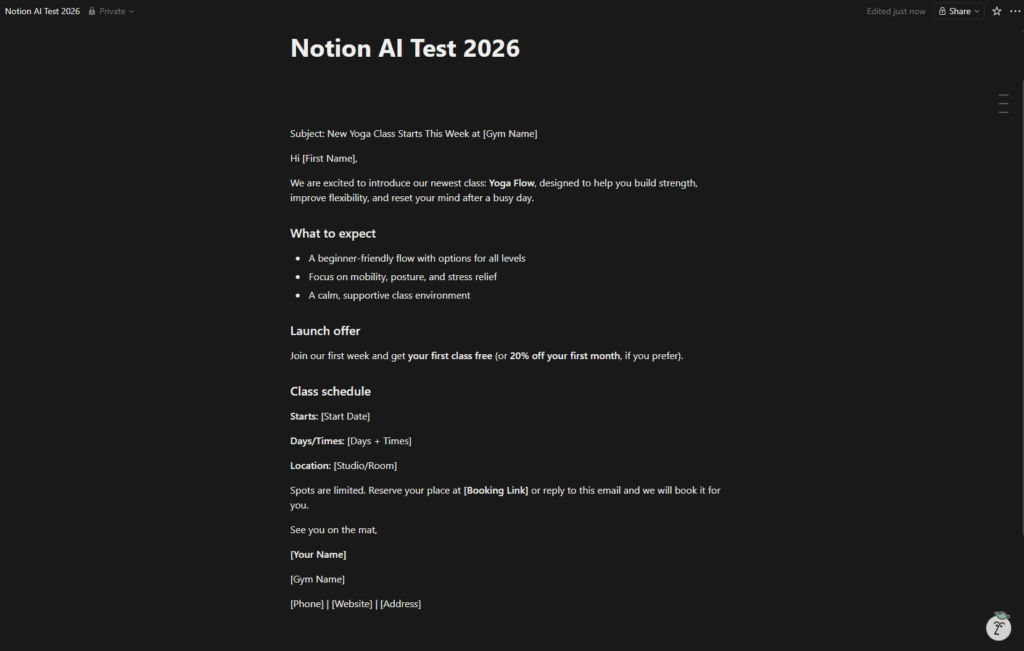 Notion AI generated newsletter content for gym marketing