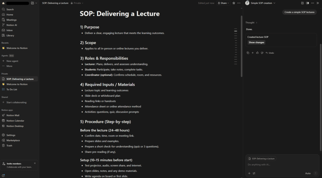 Notion AI automatically generated meeting summary example