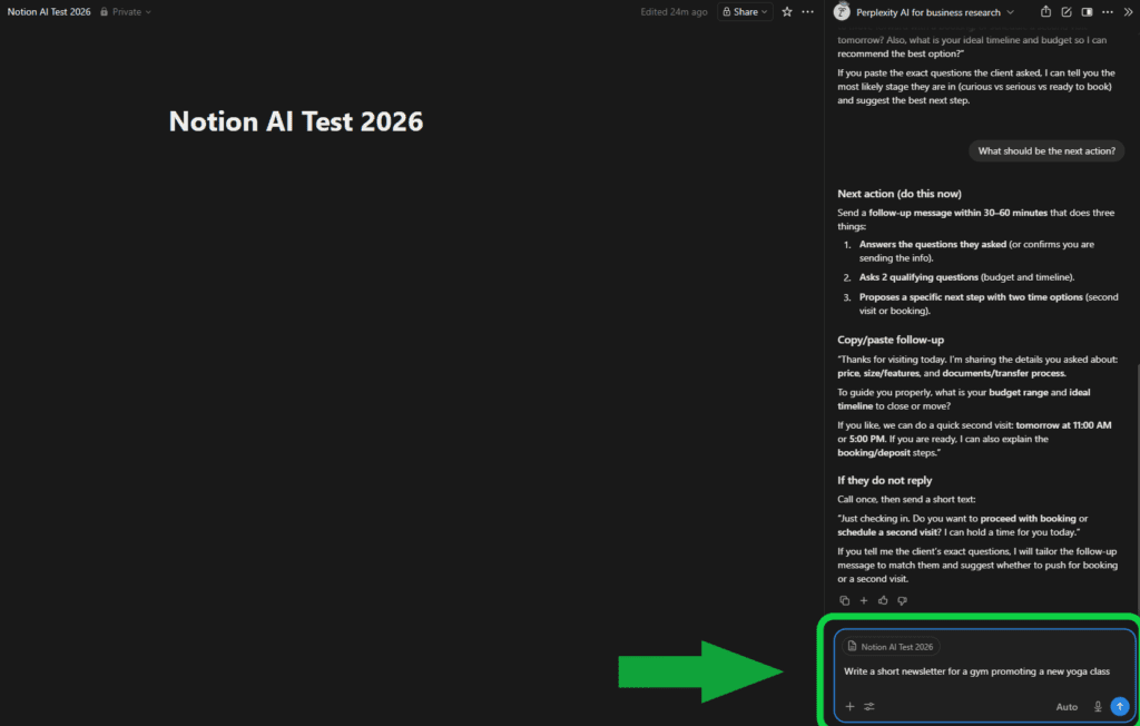 Notion AI writing assistant prompt screen using slash command
