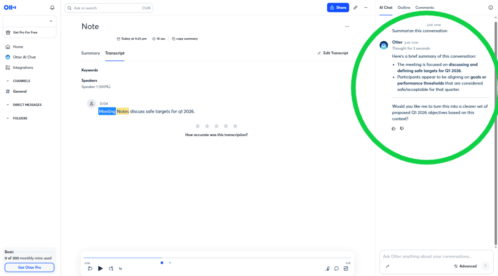 Otter.ai automatic meeting summary and action items