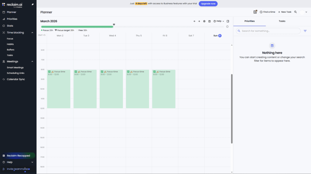 Reclaim.ai calendar dashboard protecting focus time for small business owners