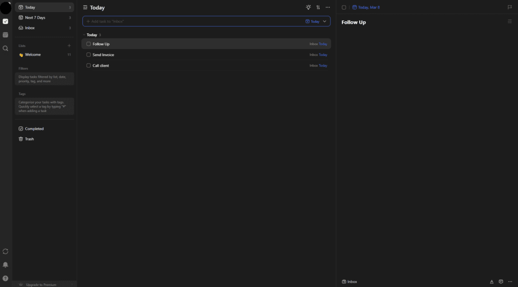 TickTick AI productivity dashboard with task lists and habits