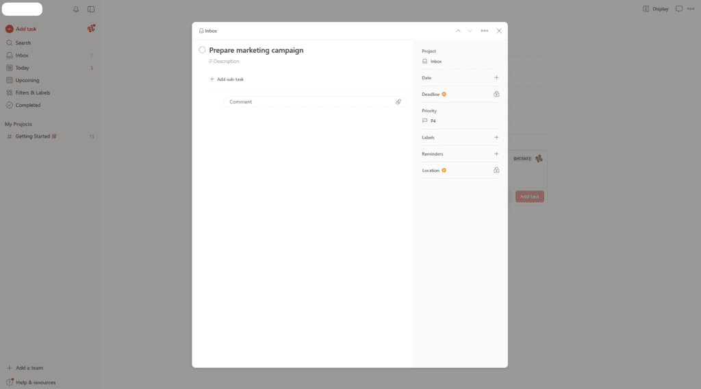 Todoist AI dashboard showing clean task list for USA small business daily planning