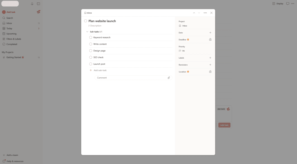 Todoist free plan: 'Plan website launch' broken into manual subtasks